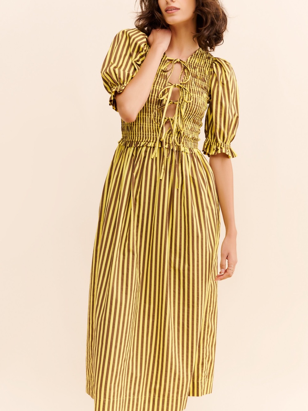 Damson Madder Bluebelle Reversible Smocked Stripe Midi Dress Yellow Brown